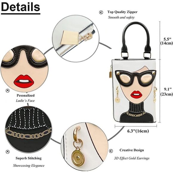 Unique 3D Lady Face PU Leather Satchel Funky Hobo & Crossbody Bags for Women's - Picture 3 of 9